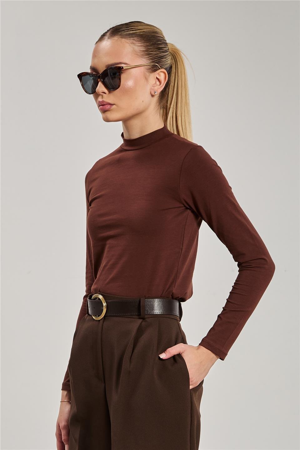 Dik yaka uzun kollu body-156-04 - Acı Kahve