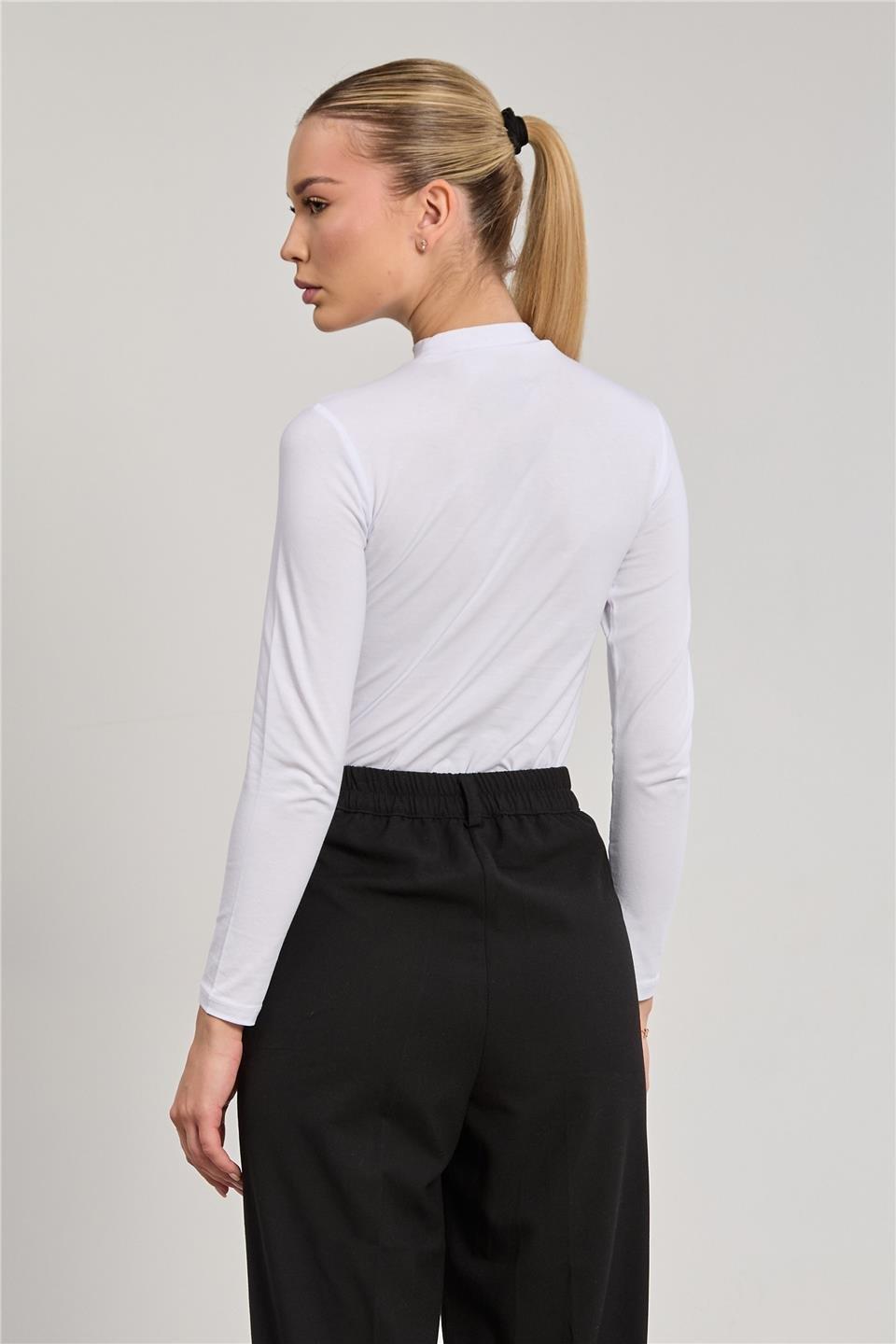 Dik yaka uzun kollu body-156-04 - Beyaz