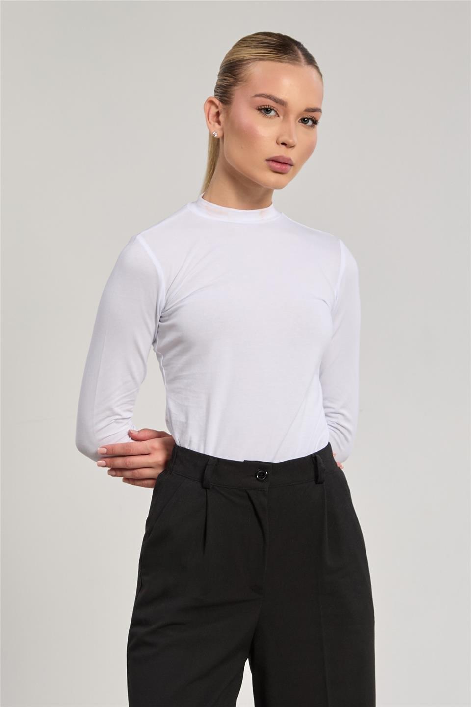 Dik yaka uzun kollu body-156-04 - Beyaz