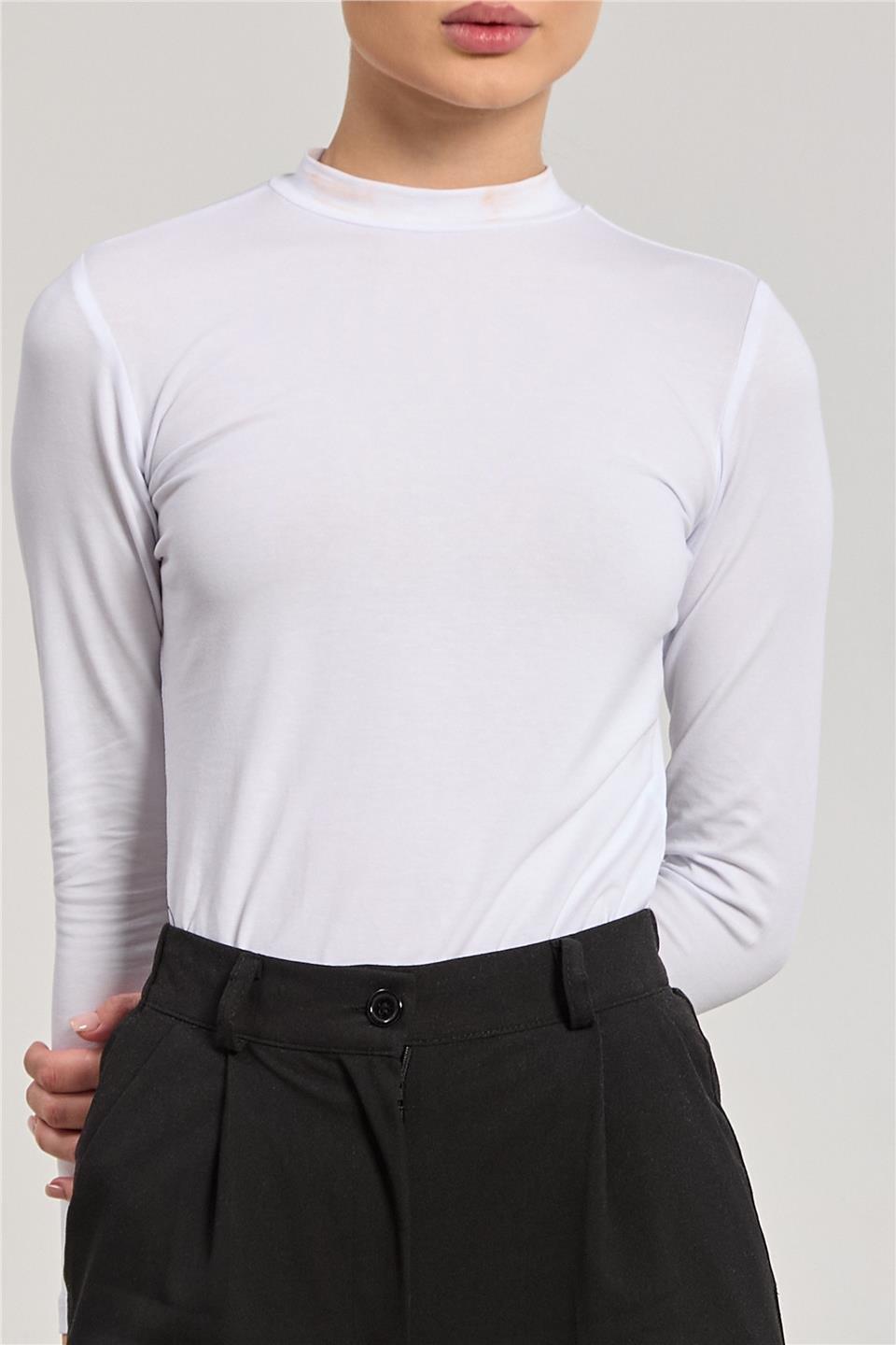 Dik yaka uzun kollu body-156-04 - Beyaz