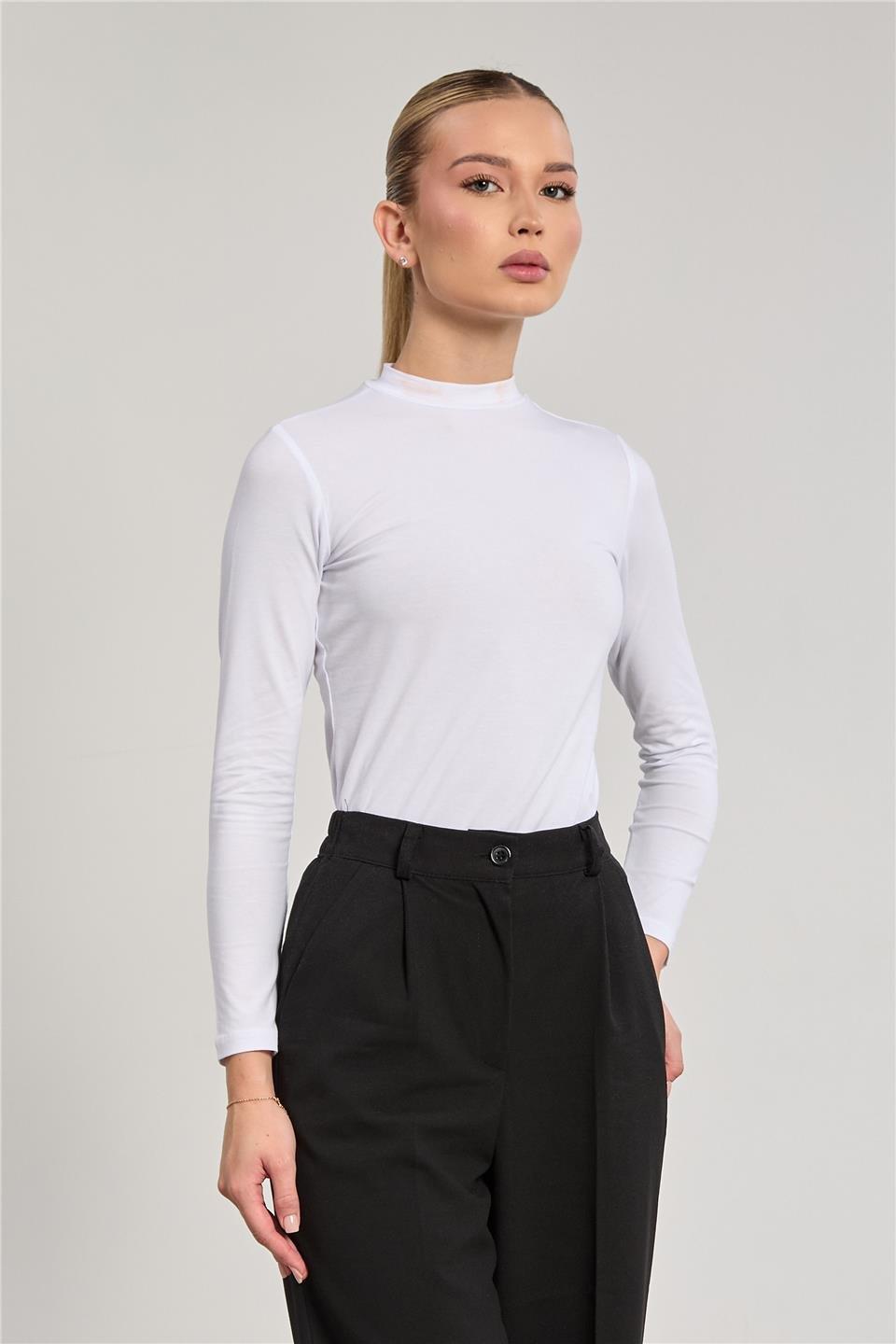 Dik yaka uzun kollu body-156-04 - Beyaz
