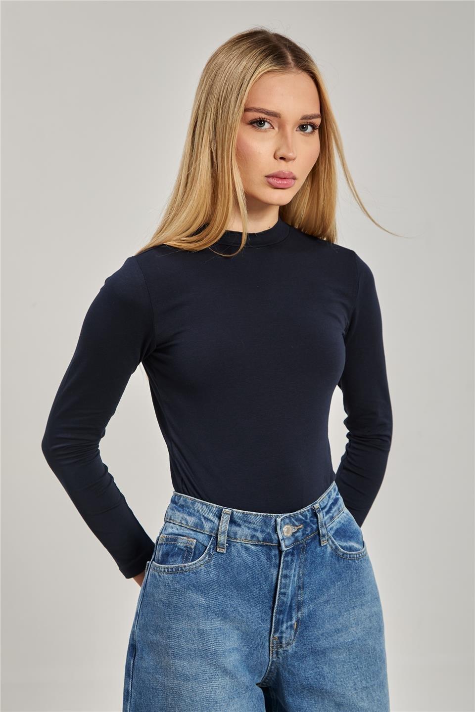 Dik yaka uzun kollu body-156-04 - Lacivert