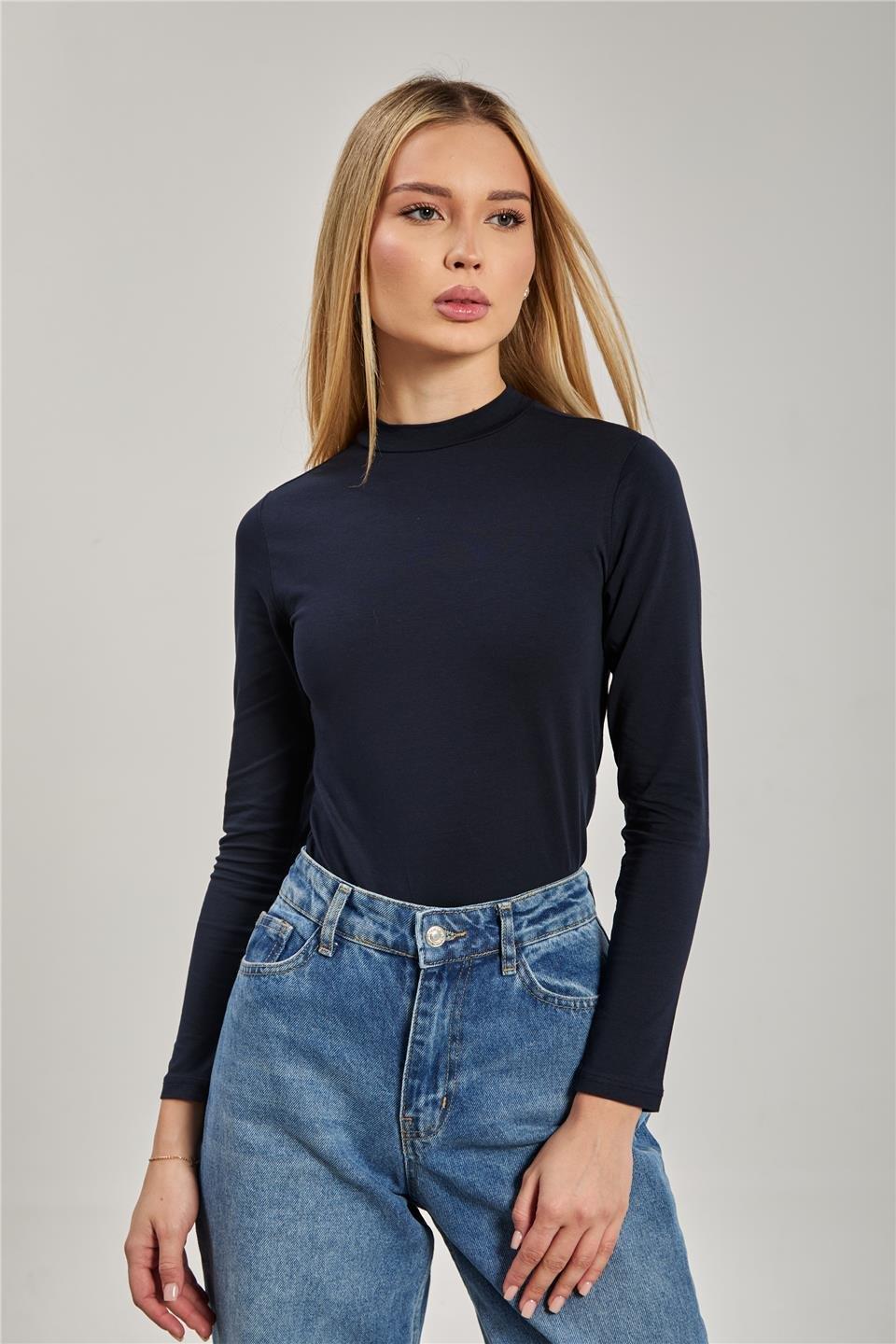 Dik yaka uzun kollu body-156-04 - Lacivert