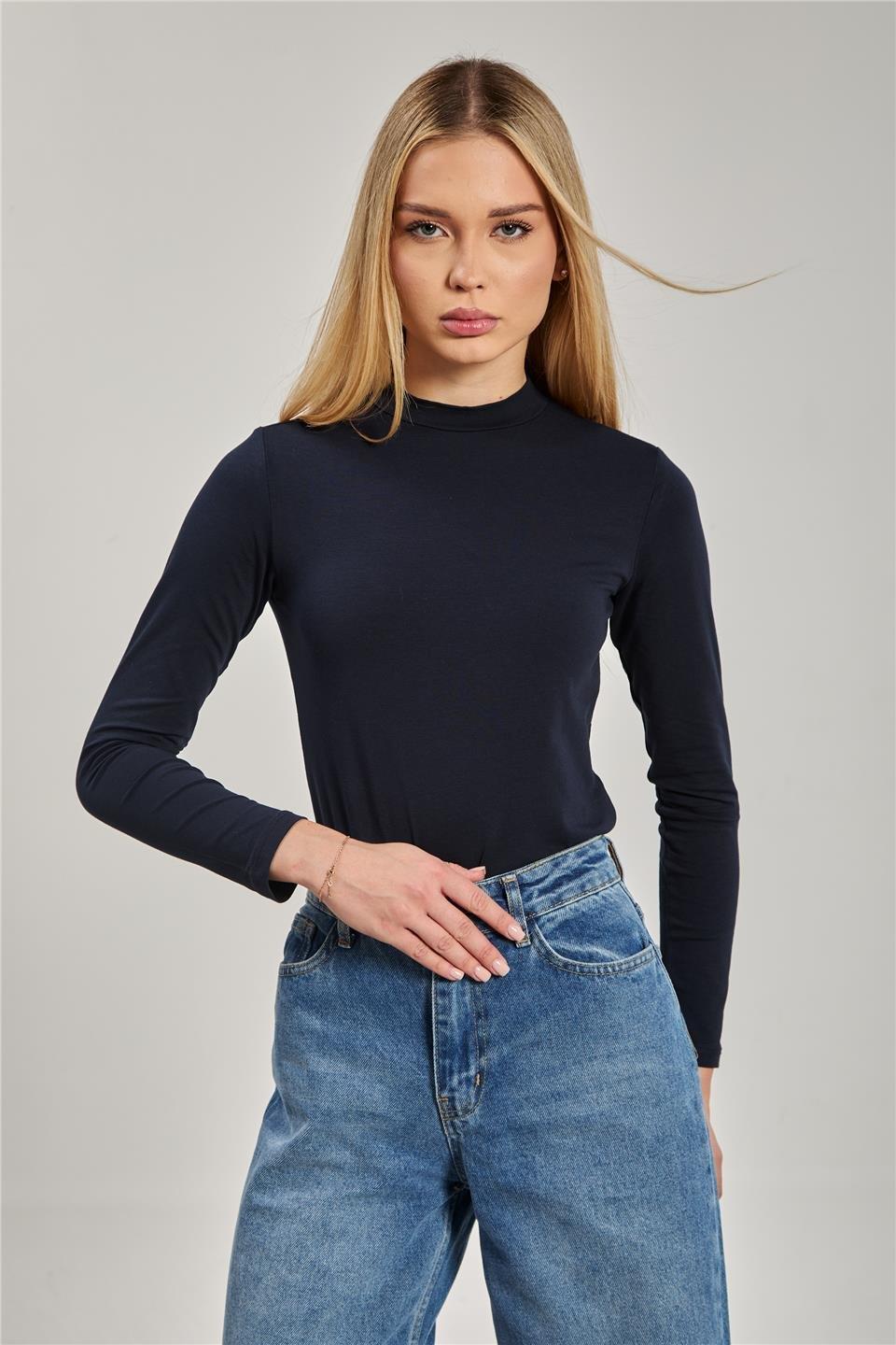 Dik yaka uzun kollu body-156-04 - Lacivert