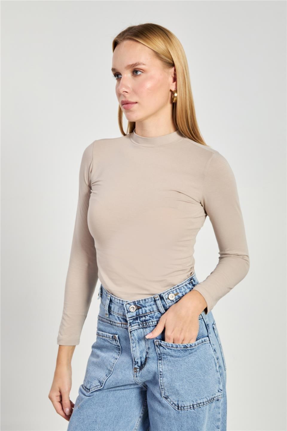 Dik yaka uzun kollu body-156-04 - Taş