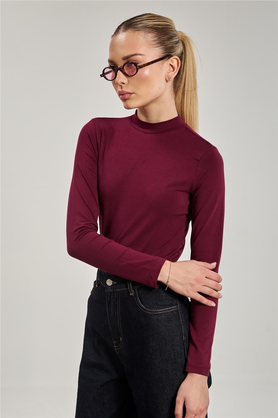 Dik yaka uzun kollu body-156-04 - Vişne