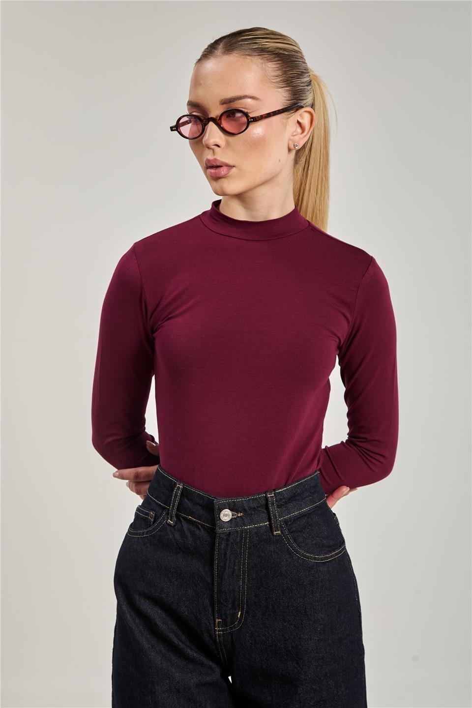 Dik yaka uzun kollu body-156-04 - Vişne