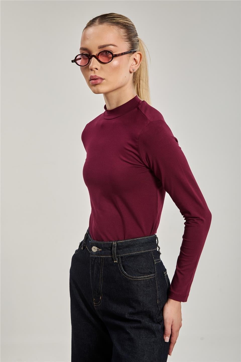 Dik yaka uzun kollu body-156-04 - Vişne