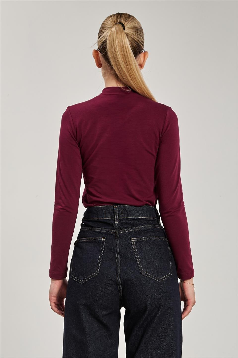 Dik yaka uzun kollu body-156-04 - Vişne