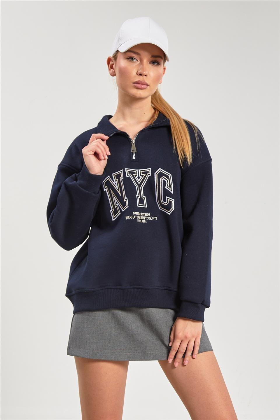 Dik yaka yarım fermuarlı baskılı sweat-10490 - Lacivert