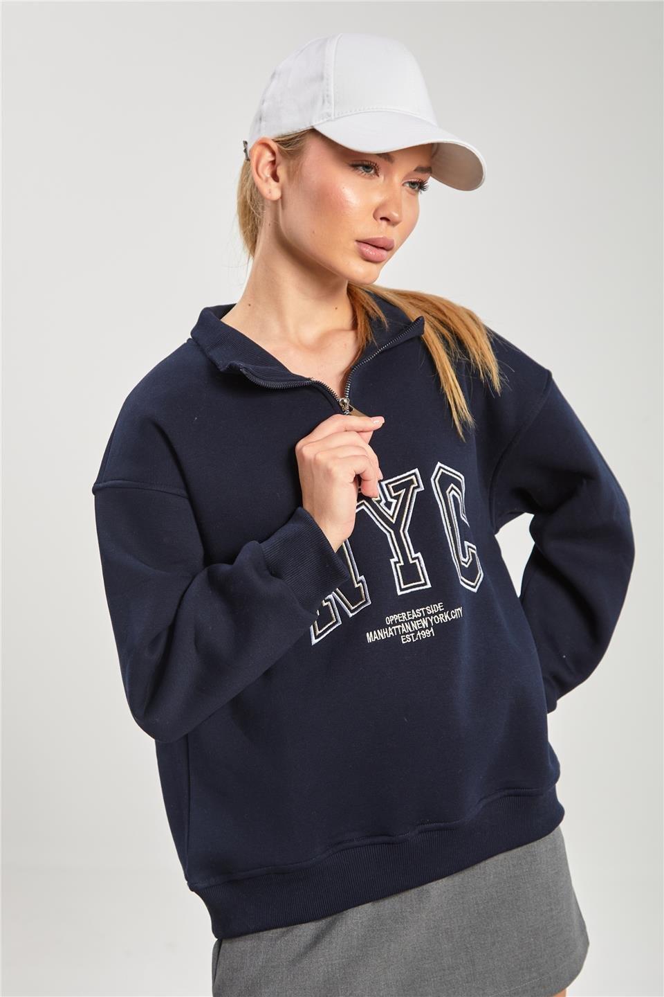 Dik yaka yarım fermuarlı baskılı sweat-10490 - Lacivert