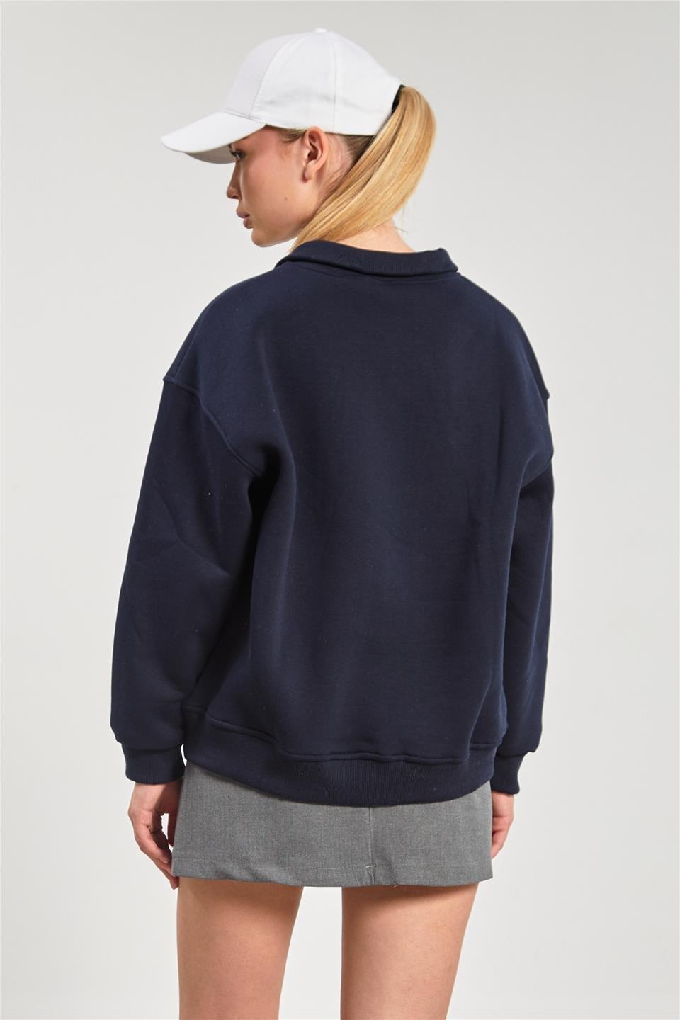 Dik yaka yarım fermuarlı baskılı sweat-10490 - Lacivert