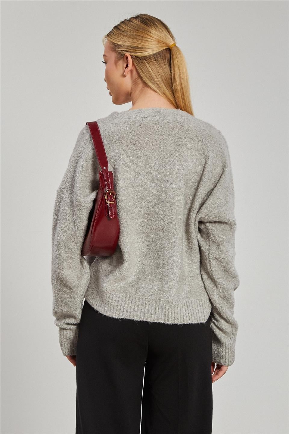 Düğmeli buklet hırka-2084 - Orta Gri