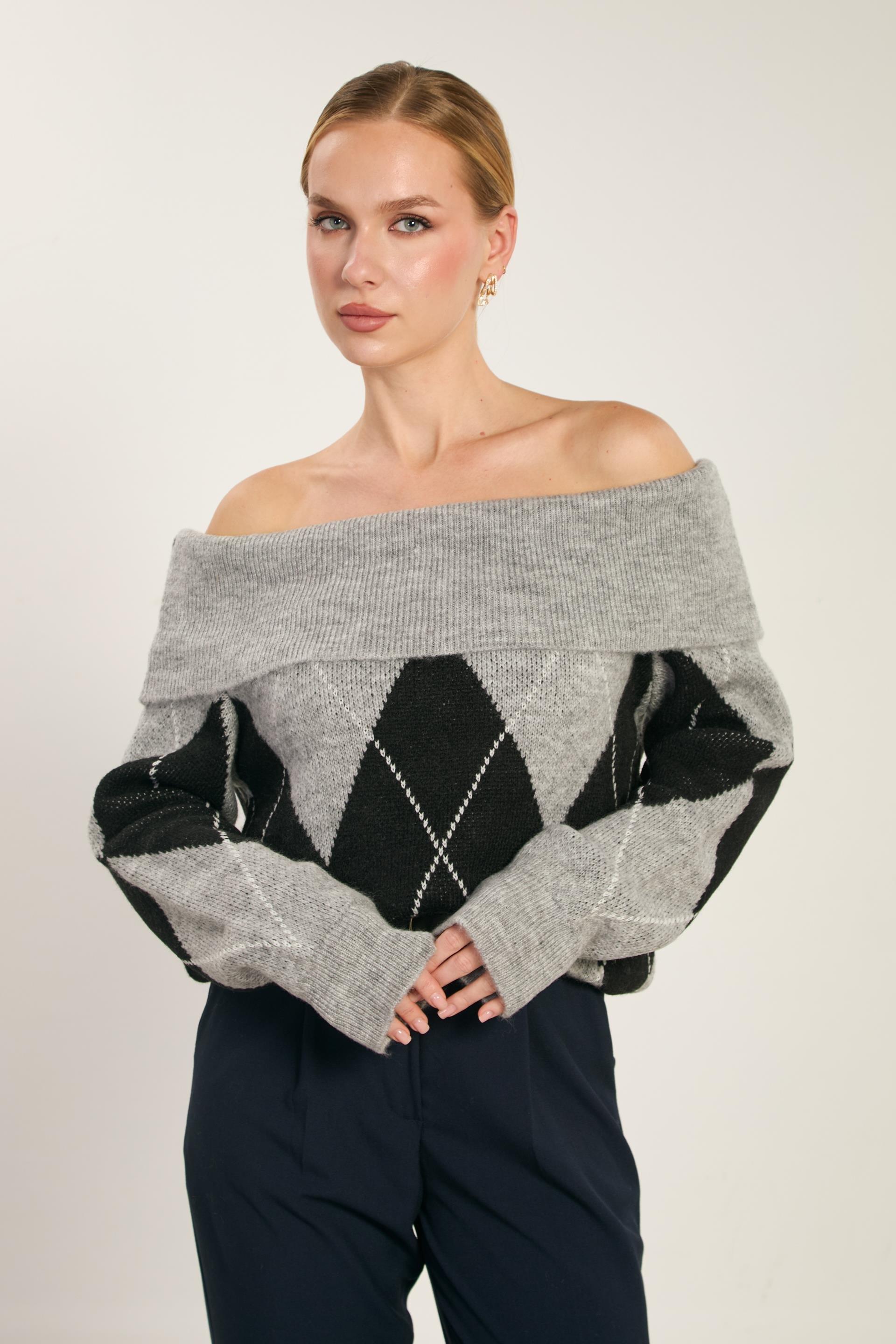 Ekose desenli kayık yaka triko kazak-WS-07458 - Antrasit/Gri/Siyah