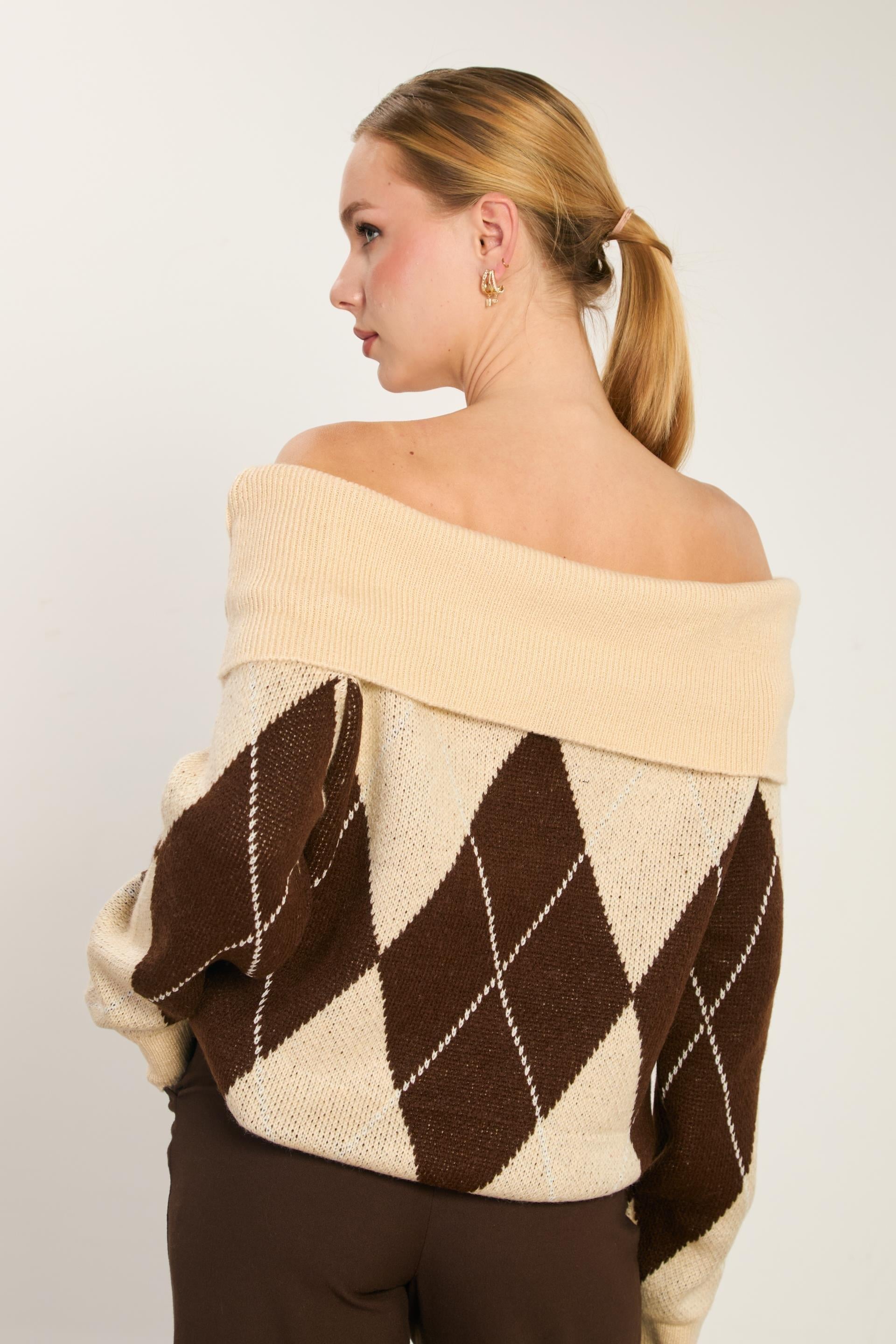 Ekose desenli kayık yaka triko kazak-WS-07458 - Kahve/Taş
