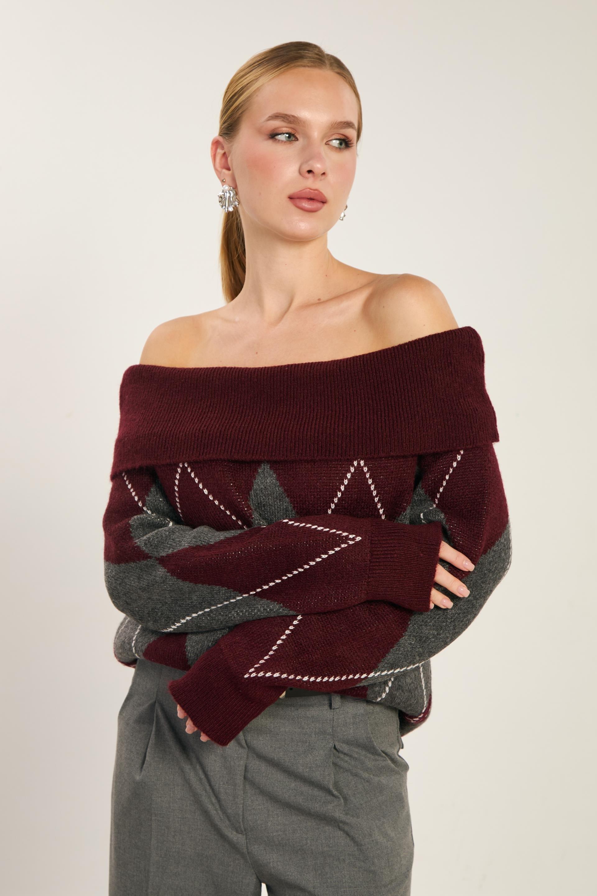 Ekose desenli kayık yaka triko kazak-WS-07458 - Lacivert/Bordo/Antrasit