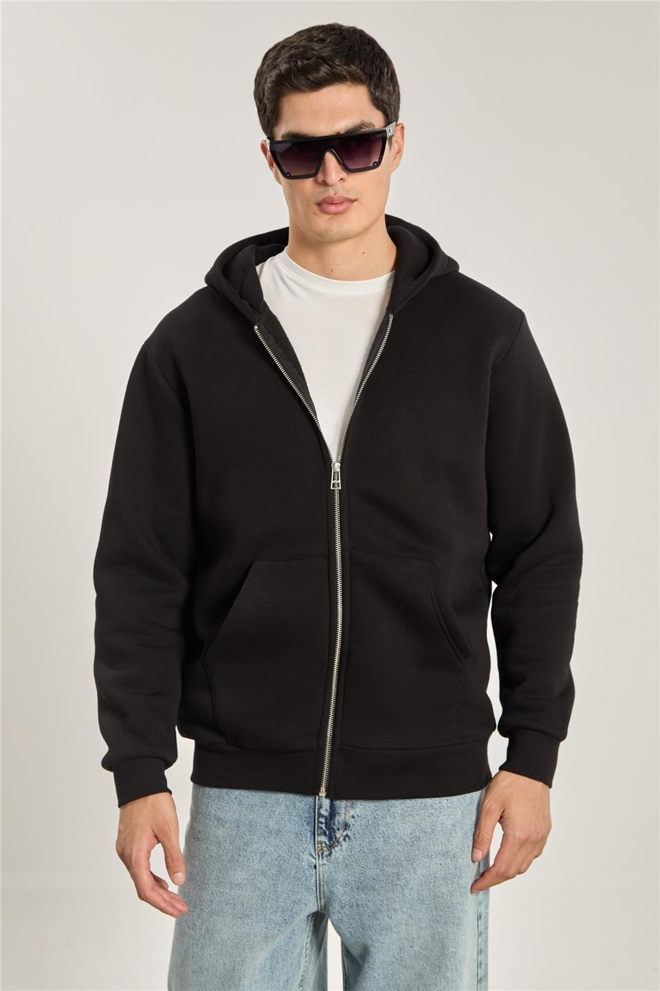 Fermuarlı kapüşonlu sweatshirt-5487 - Siyah