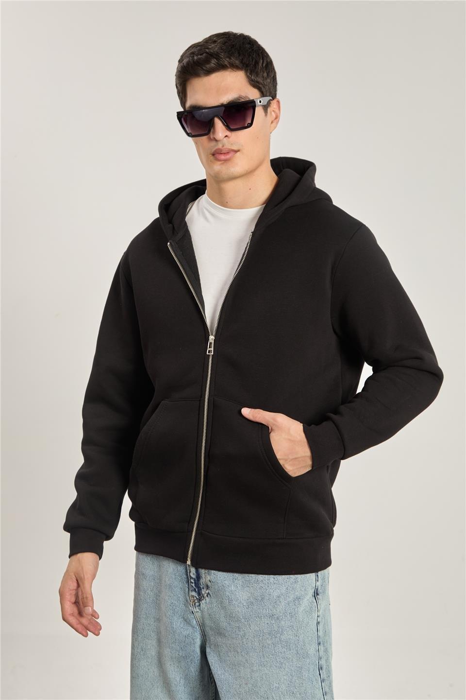 Fermuarlı kapüşonlu sweatshirt-5487 - Siyah