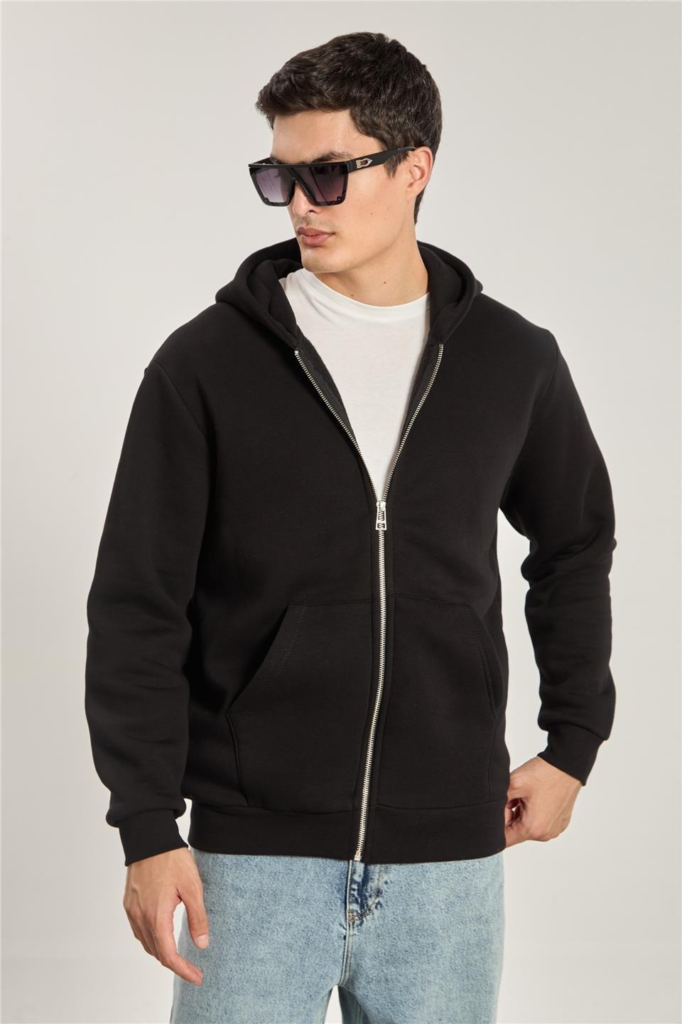 Fermuarlı kapüşonlu sweatshirt-5487 - Siyah