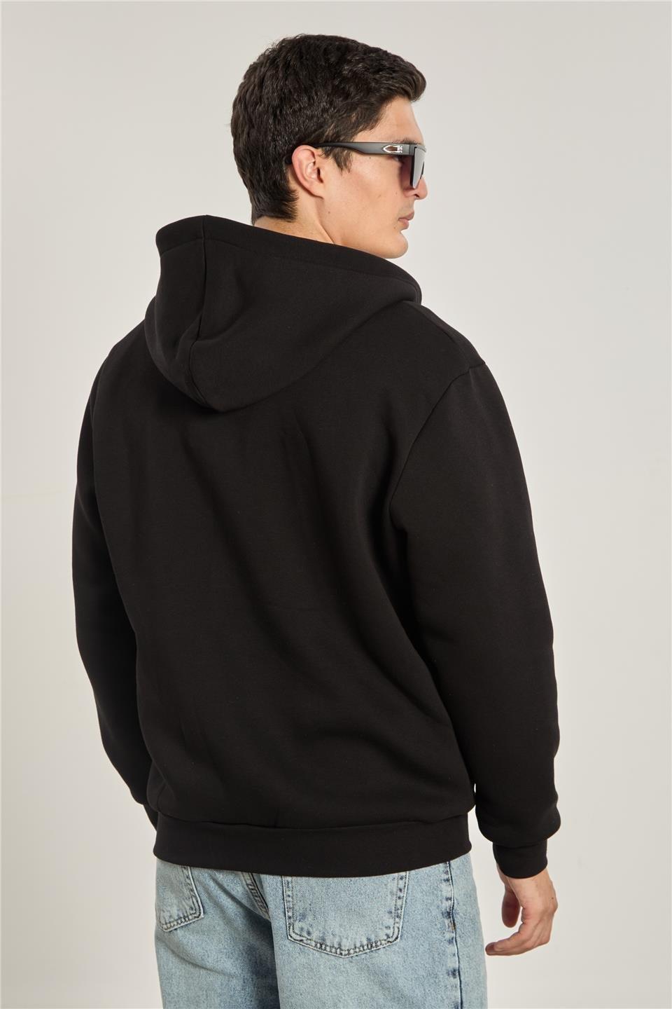 Fermuarlı kapüşonlu sweatshirt-5487 - Siyah