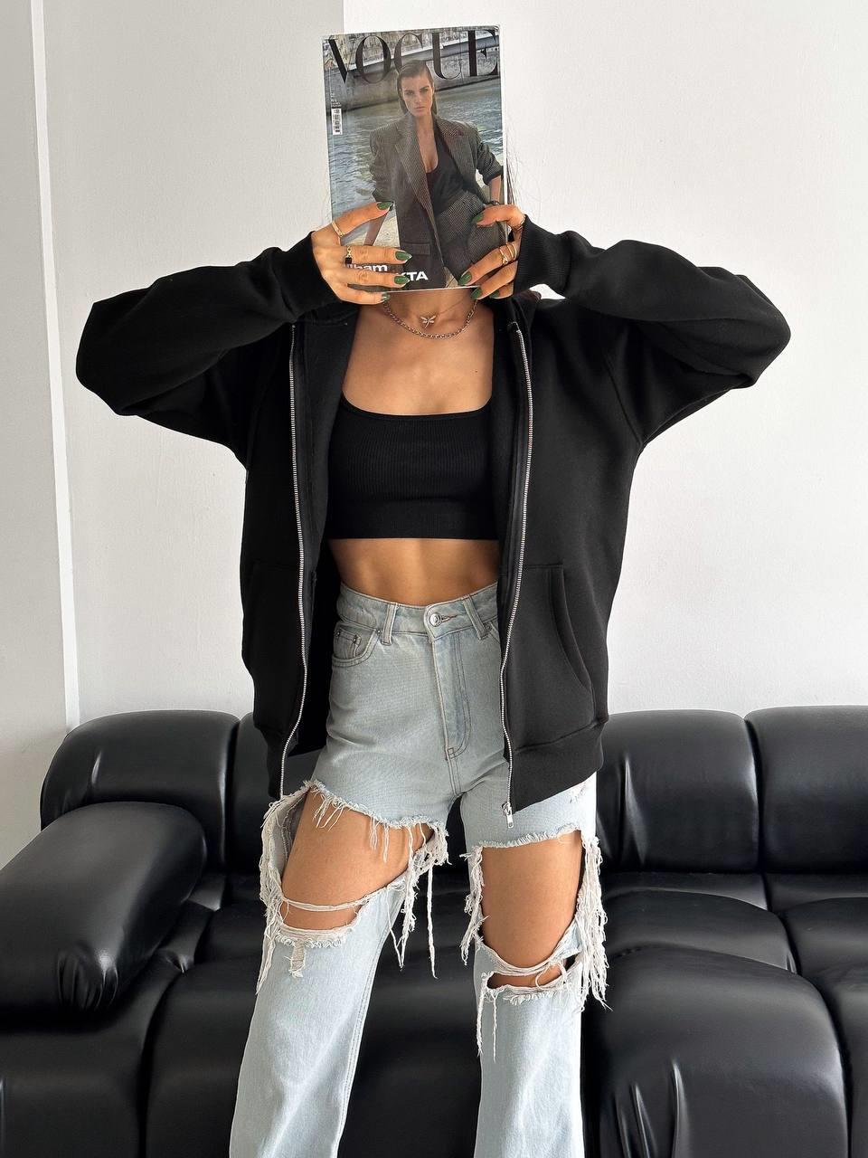 FERMUARLI OVERSİZE SWEATERS-1592 - SİYAH