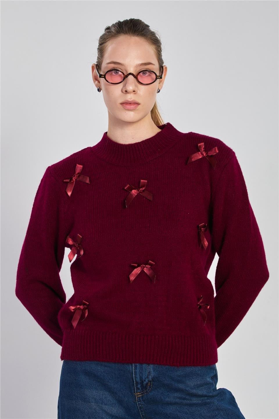 Fiyonklu triko kazak-5045 - Bordo