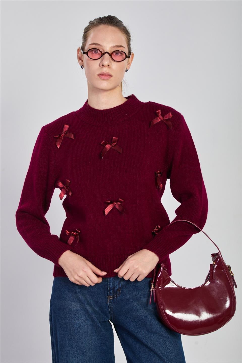 Fiyonklu triko kazak-5045 - Bordo