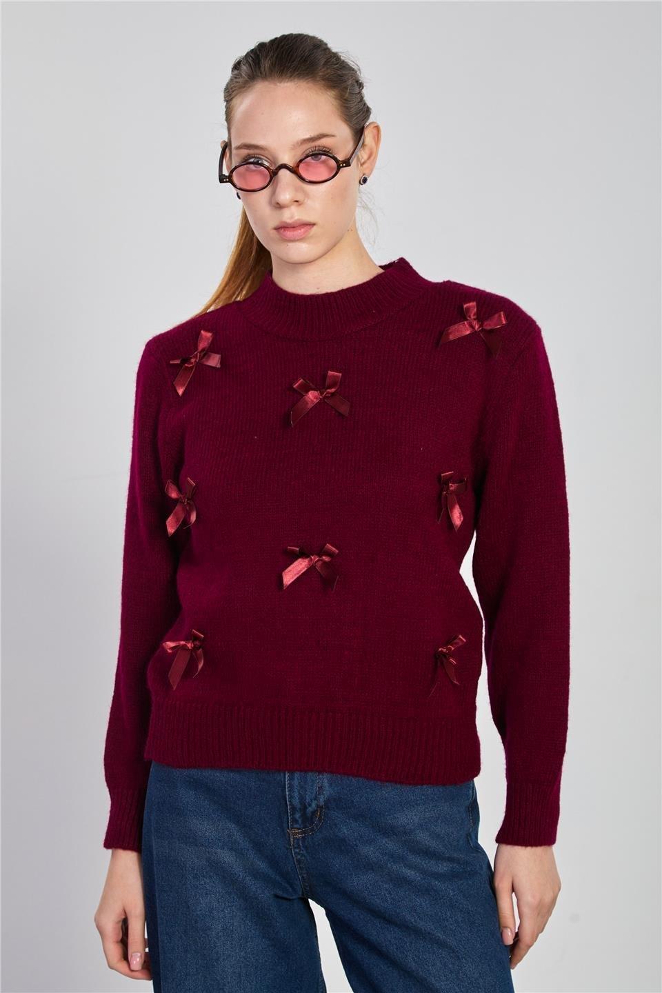Fiyonklu triko kazak-5045 - Bordo