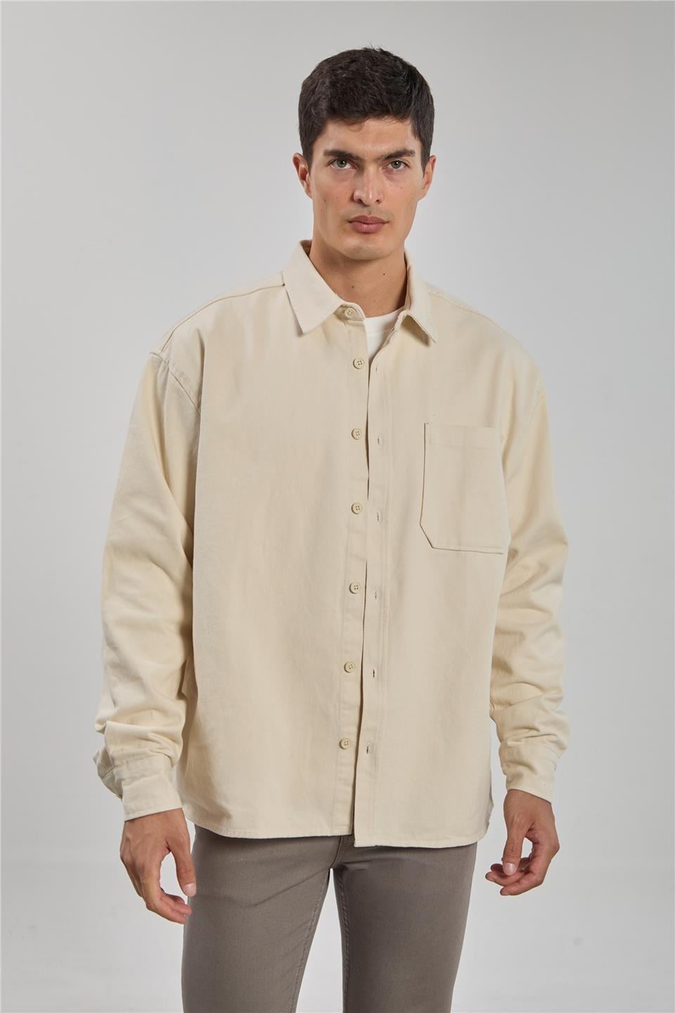 Gabardin uzun kol gömlek-9059 - Ekru