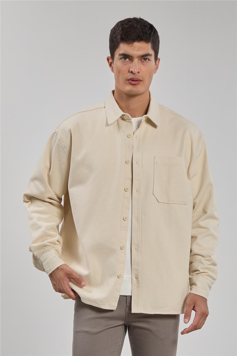 Gabardin uzun kol gömlek-9059 - Ekru