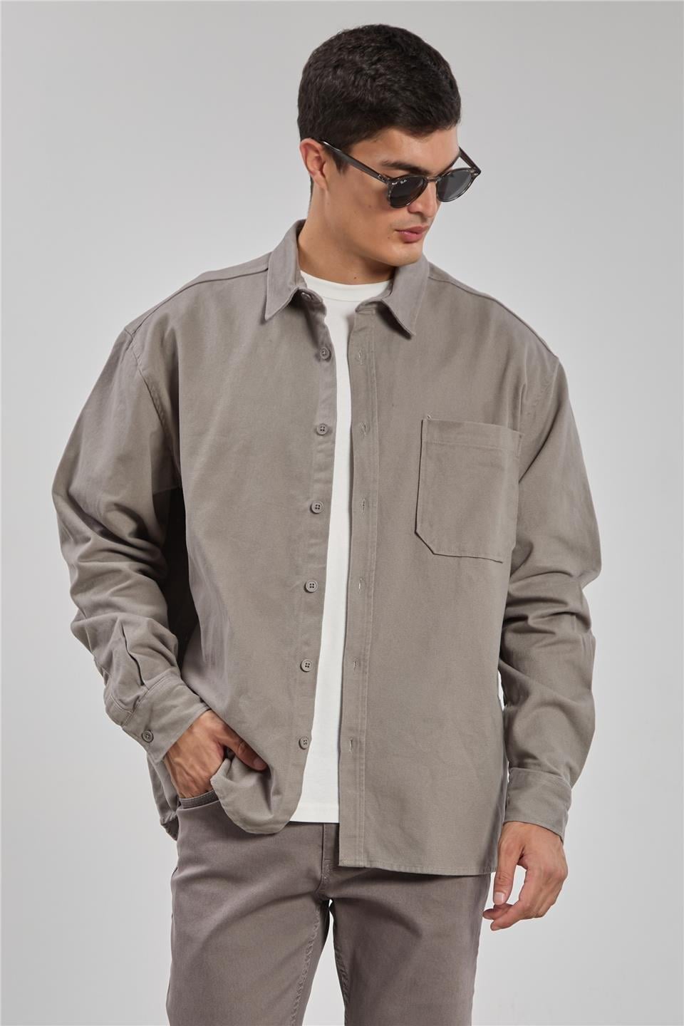 Gabardin uzun kol gömlek-9059 - Gri