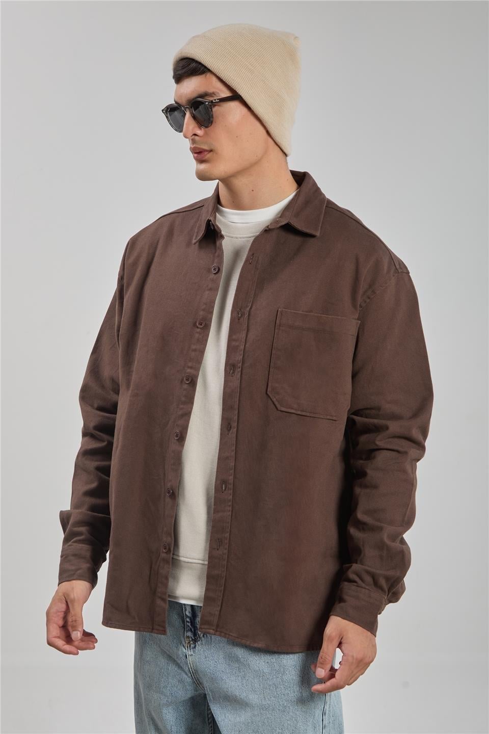 Gabardin uzun kol gömlek-9059 - Kahve