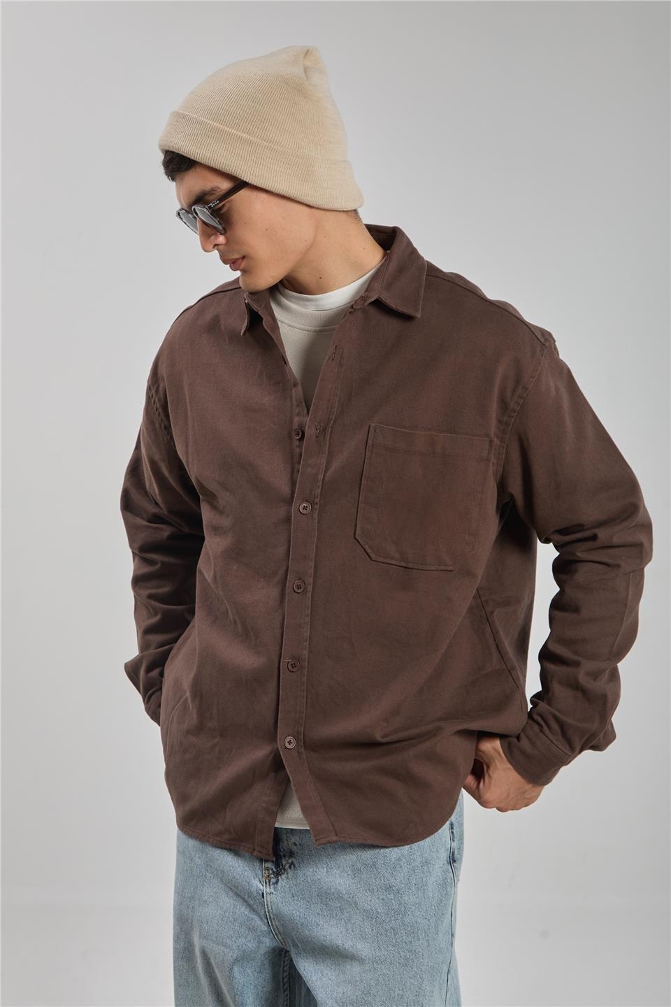 Gabardin uzun kol gömlek-9059 - Kahve