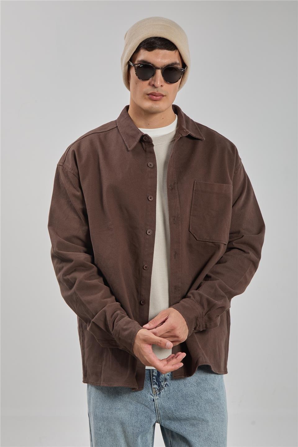 Gabardin uzun kol gömlek-9059 - Kahve