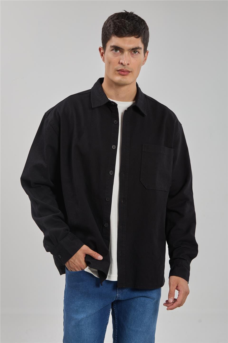 Gabardin uzun kol gömlek-9059 - Siyah