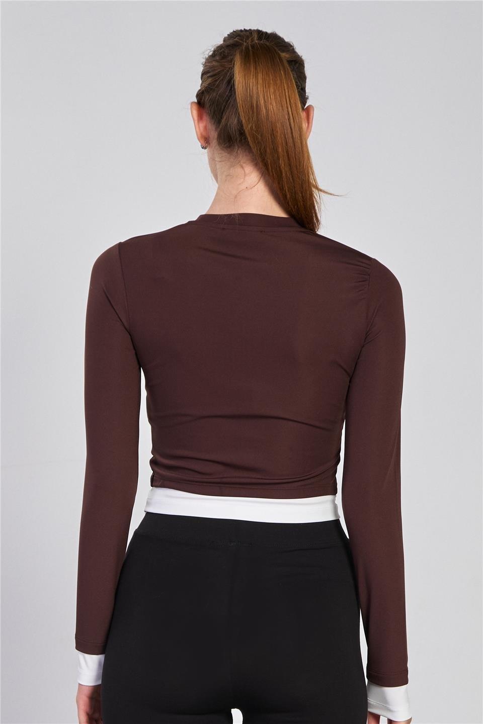 Garnili uzun kol body-2564 - Kahve
