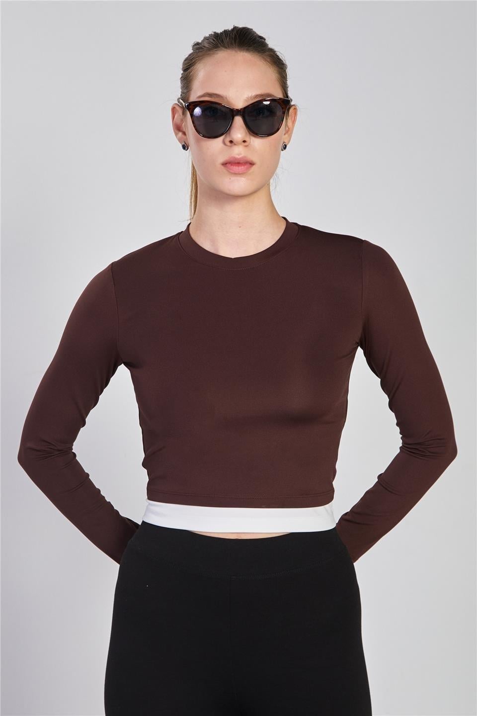 Garnili uzun kol body-2564 - Kahve