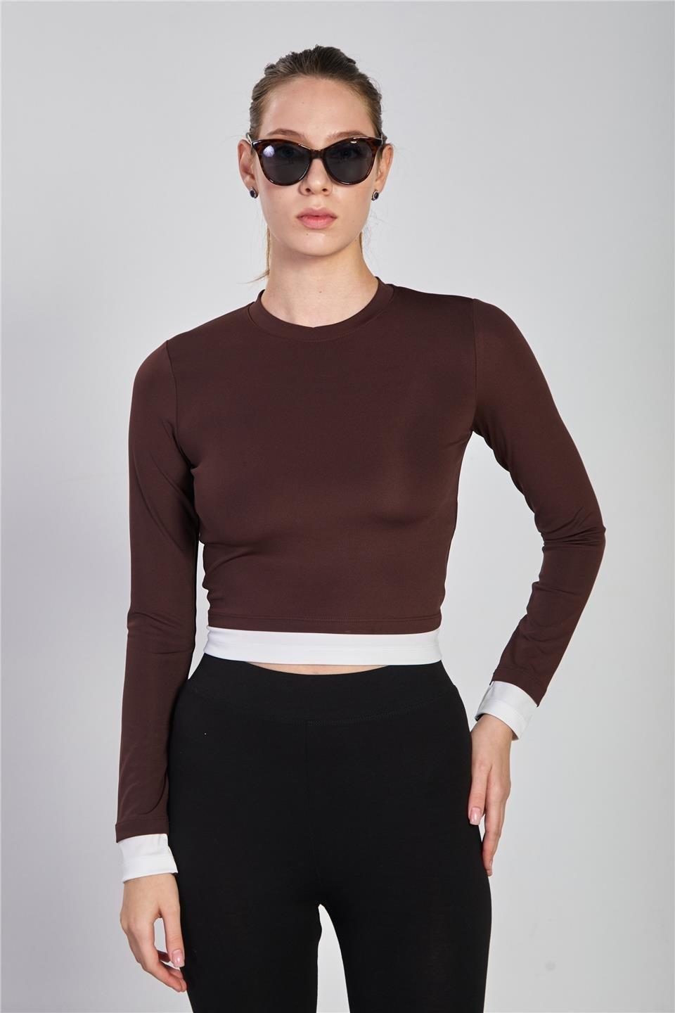 Garnili uzun kol body-2564 - Kahve