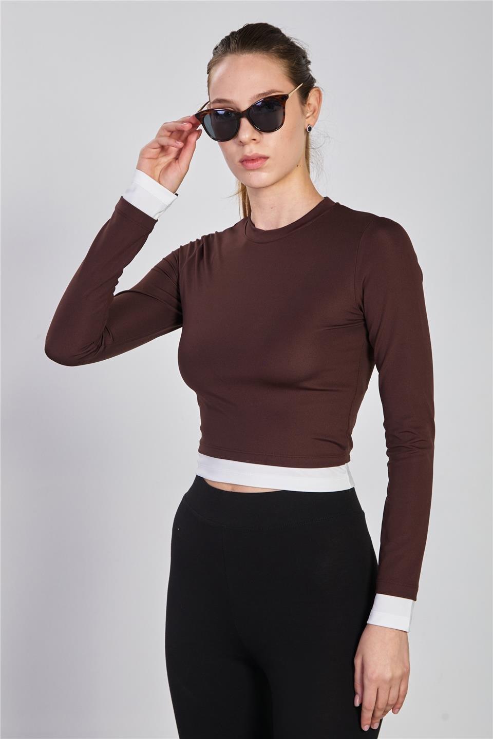 Garnili uzun kol body-2564 - Kahve