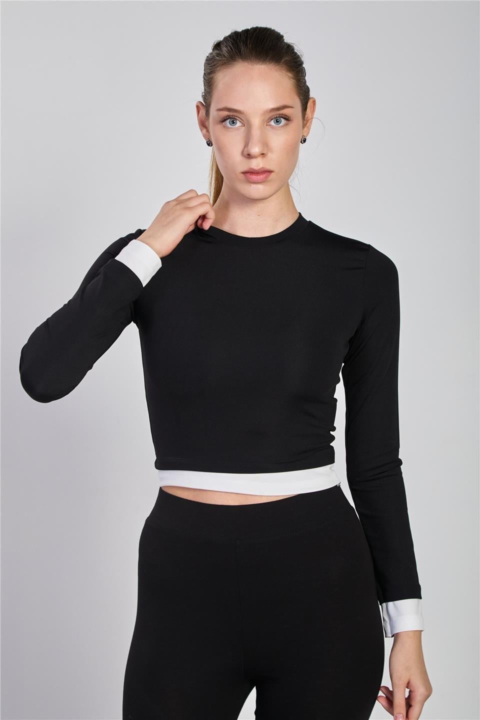 Garnili uzun kol body-2564 - Siyah