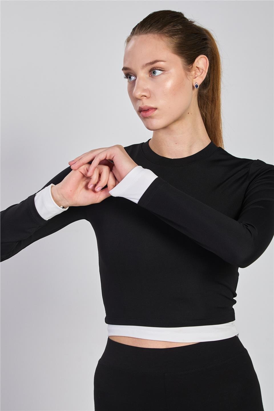 Garnili uzun kol body-2564 - Siyah