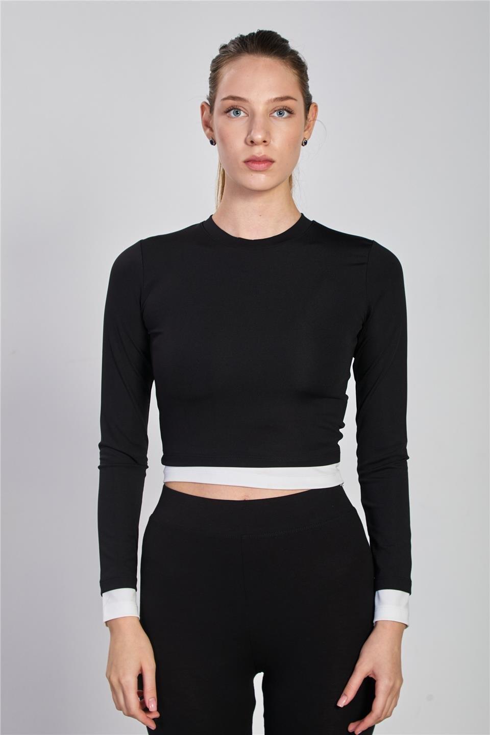 Garnili uzun kol body-2564 - Siyah