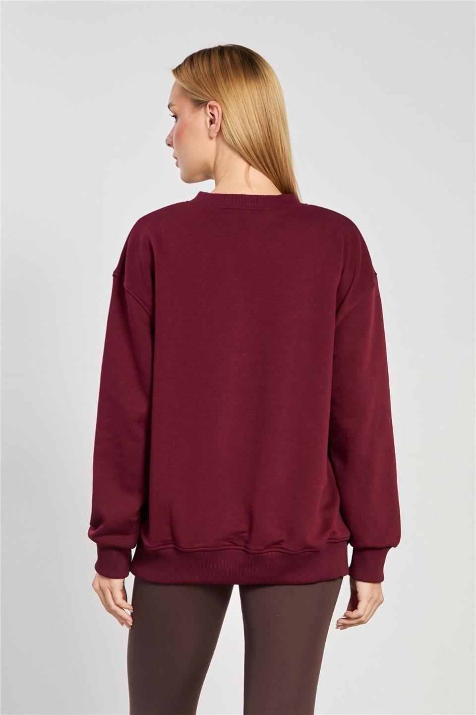 Göğsü ayı nakışlı sweatshirt-10659 - Bordo