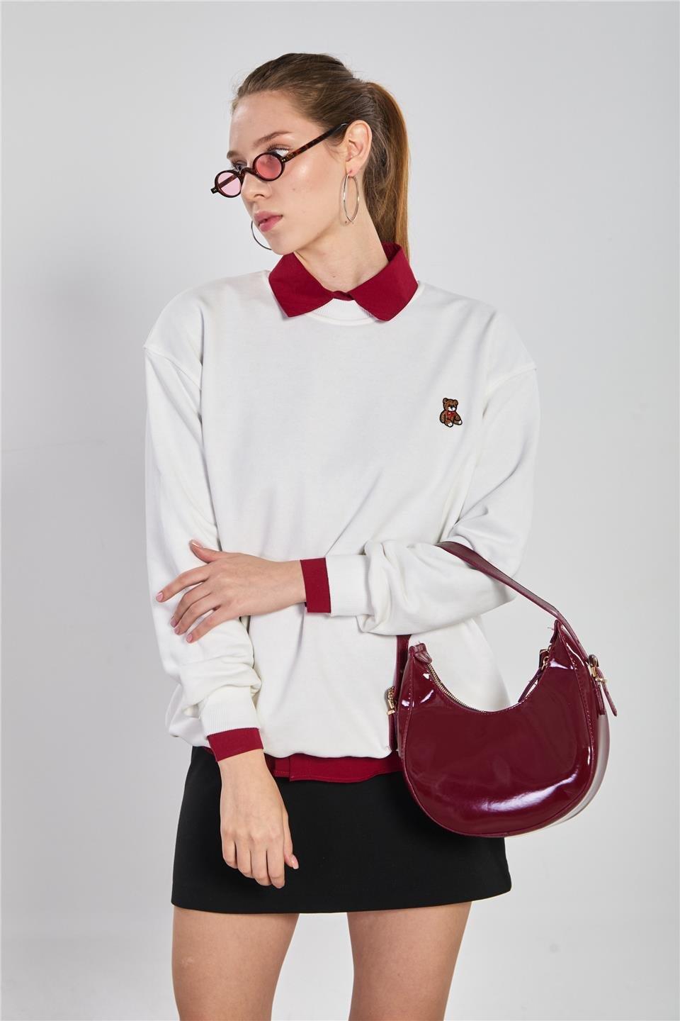Göğsü ayı nakışlı sweatshirt-10659 - Ekru