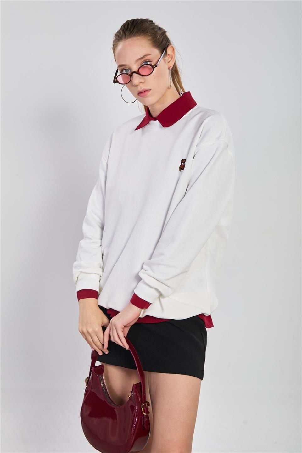 Göğsü ayı nakışlı sweatshirt-10659 - Ekru