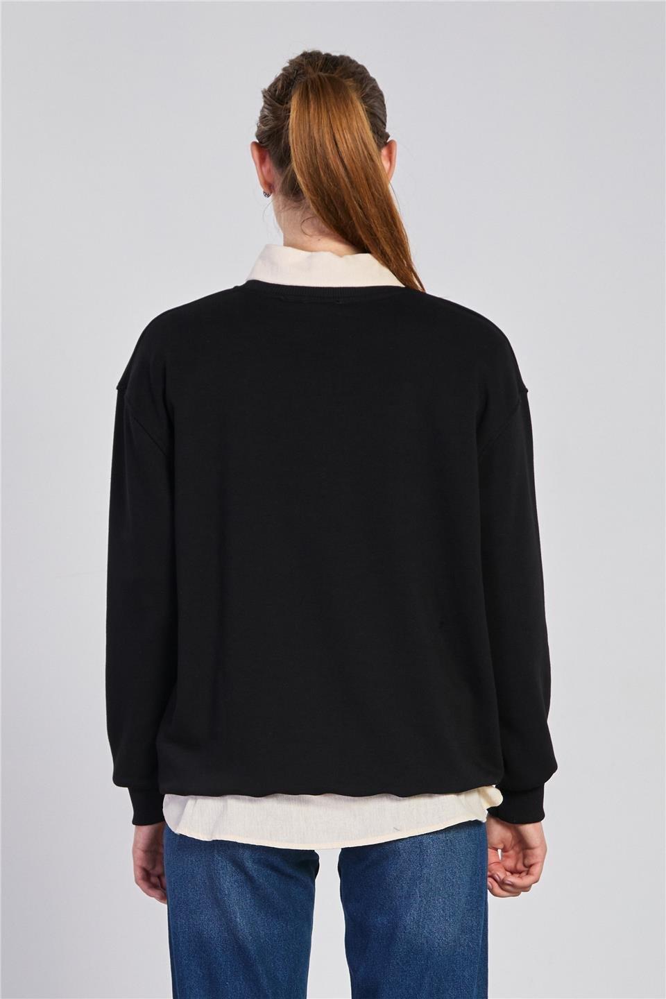 Göğsü ayı nakışlı sweatshirt-10659 - Siyah