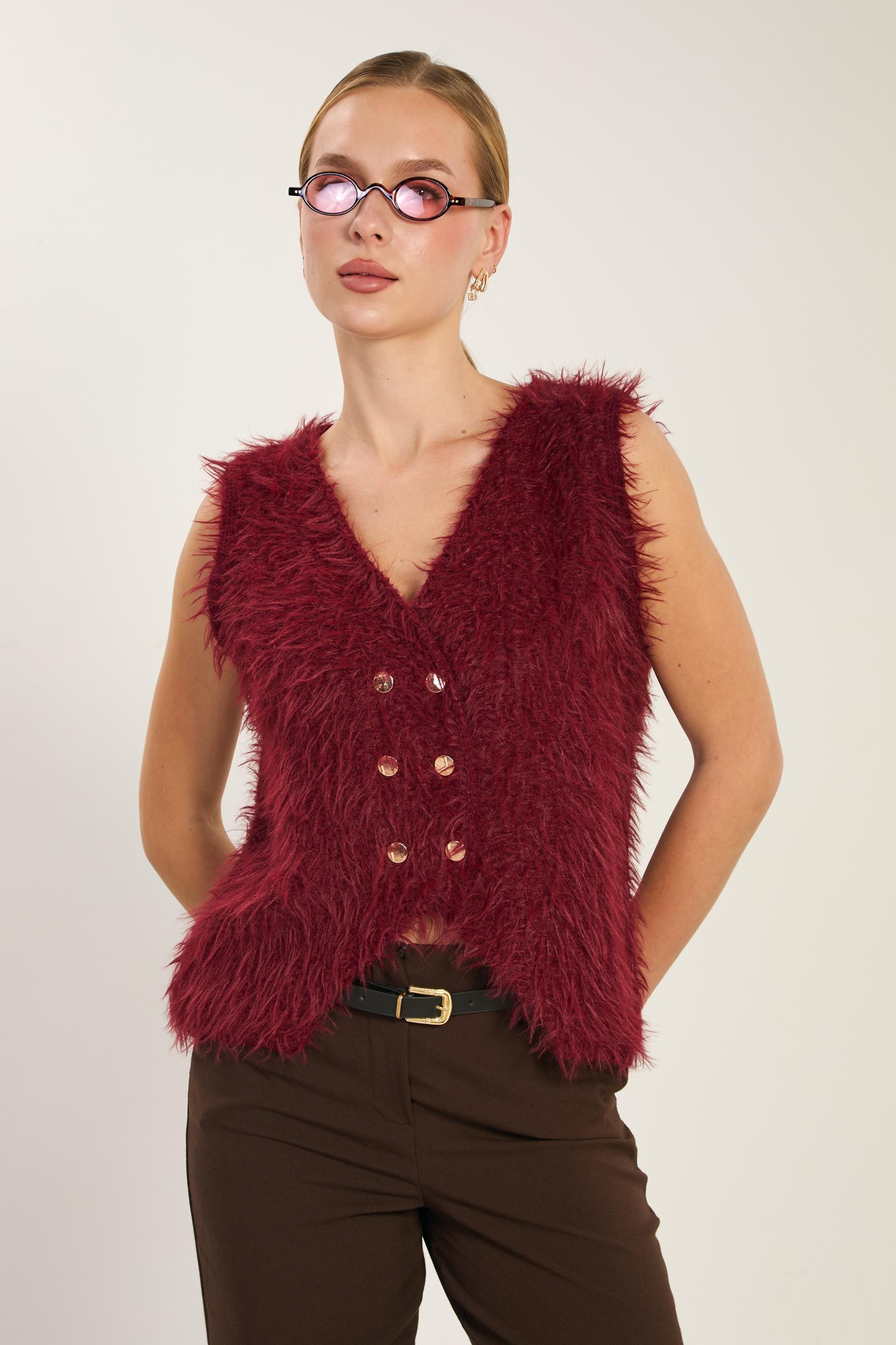 Gold düğmeli sakallı yelek-WS-07470 - Bordo