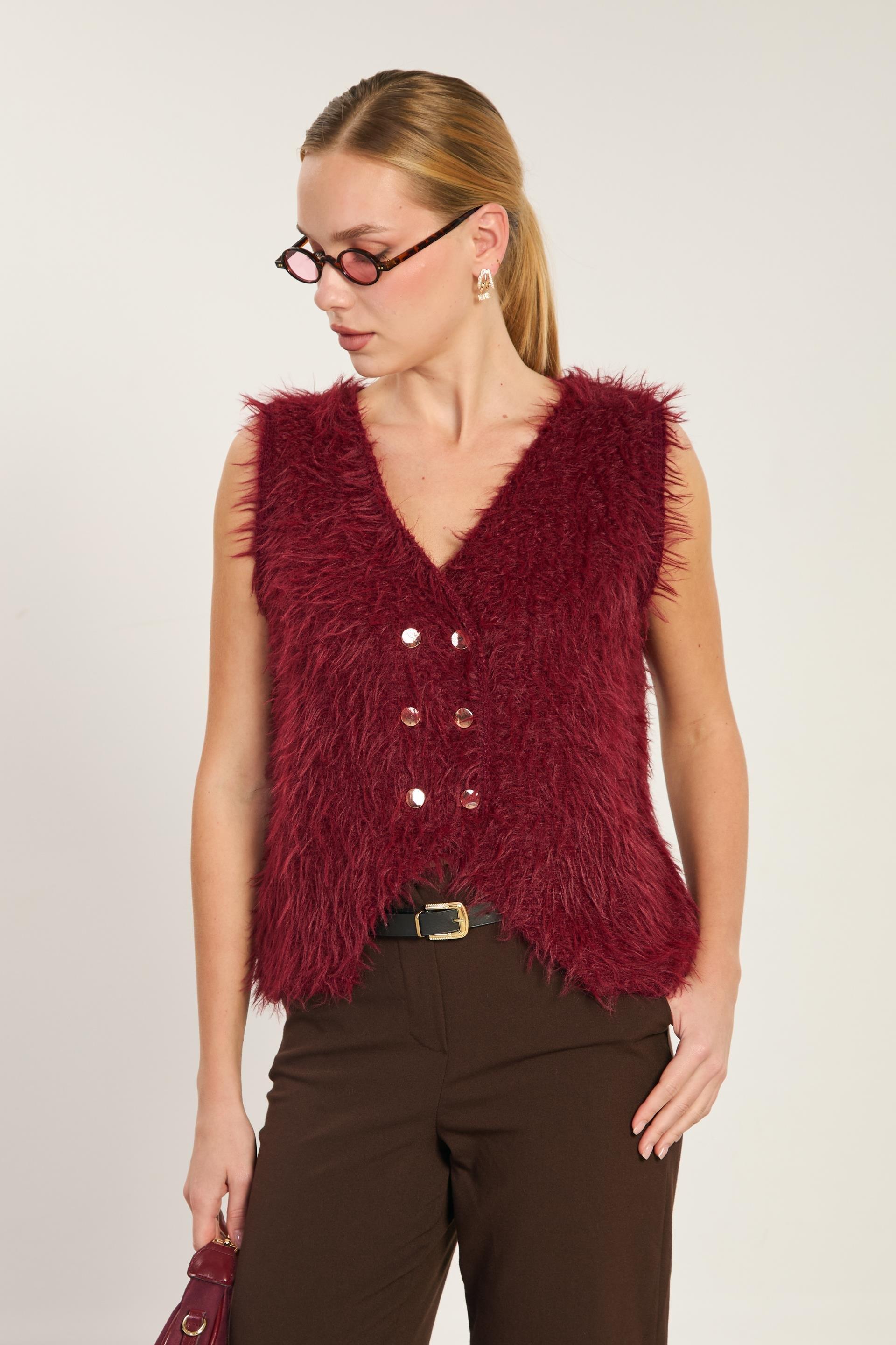 Gold düğmeli sakallı yelek-WS-07470 - Bordo