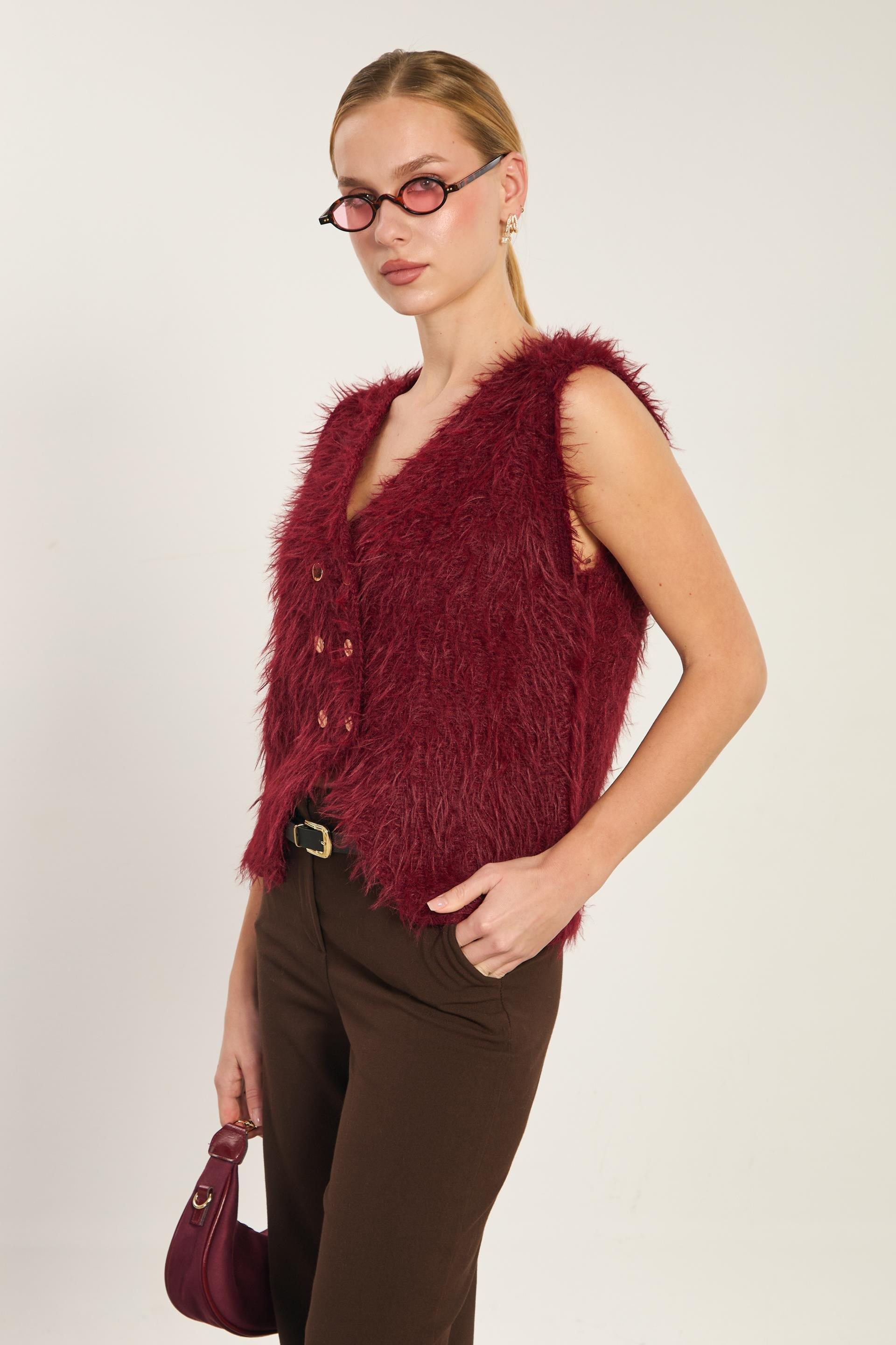 Gold düğmeli sakallı yelek-WS-07470 - Bordo