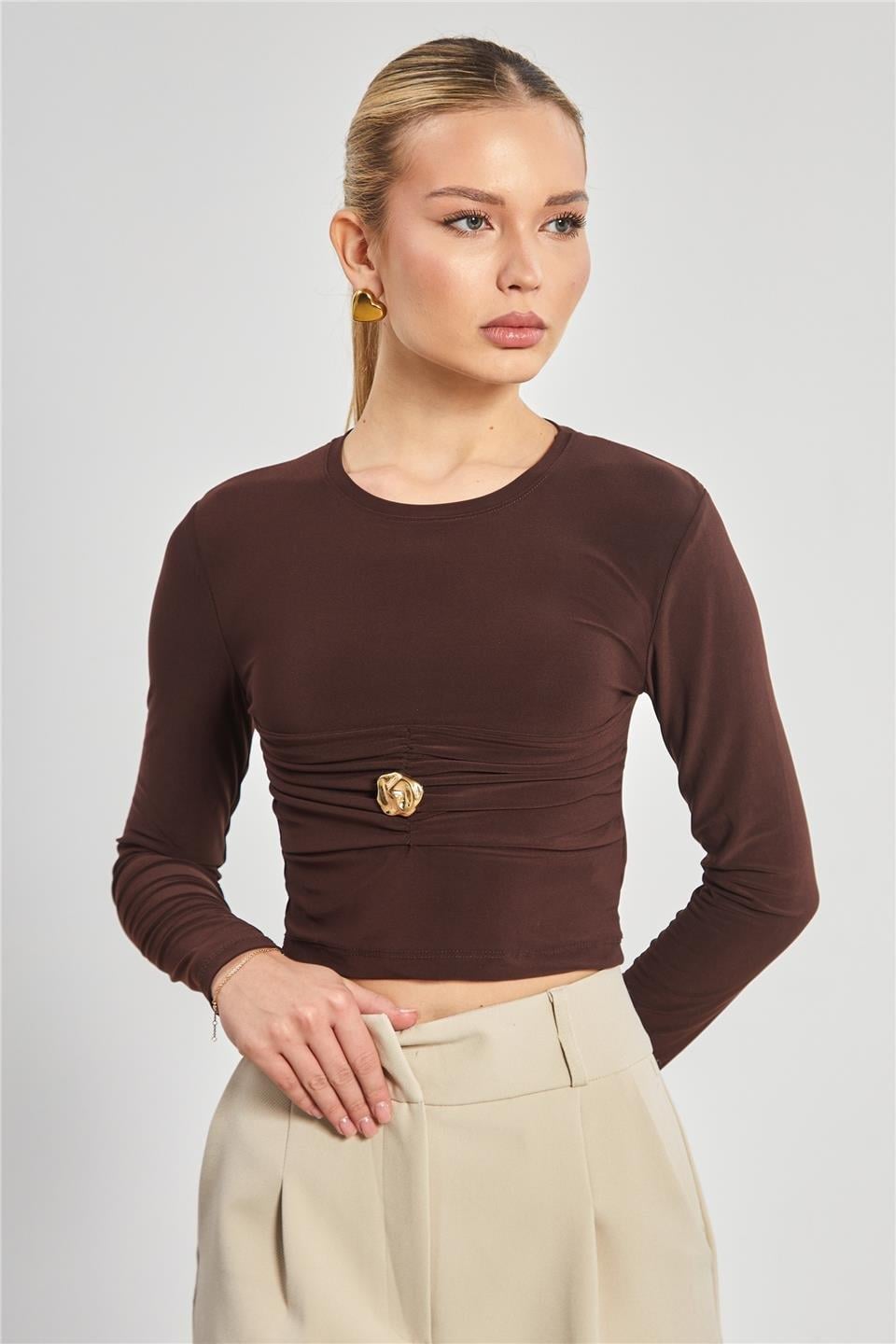 Gold düğmeli sandy bluz-13805 - Kahve